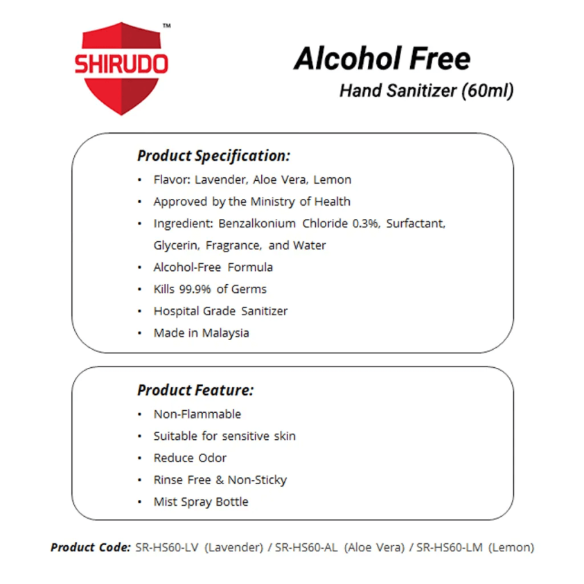 [Assorted Flavor] SHIRUDO Alcohol-Free Hand Sanitizer (60ml) 